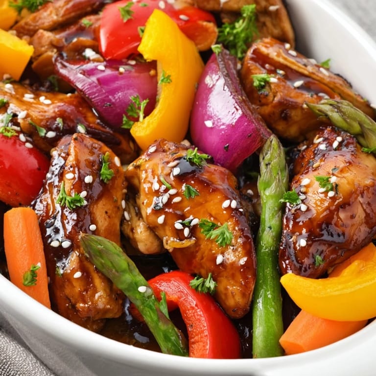 Juicy chicken and roasted vegetables steaming on a parchment-lined pan, served alongside fluffy rice for an easy weeknight meal.