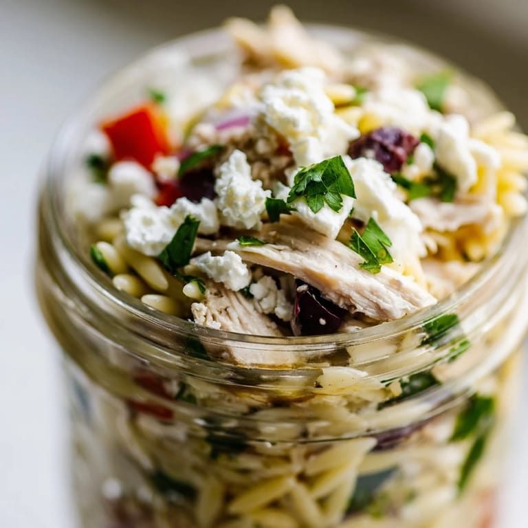 Colorful Greek Pasta Chicken Salad Jars feature juicy chicken, briny olives, and a bright red wine vinaigrette.  