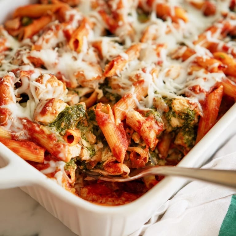 Close-up of savory Pesto Chicken Pasta Bake, featuring melted mozzarella and golden edges on a rustic wooden table.