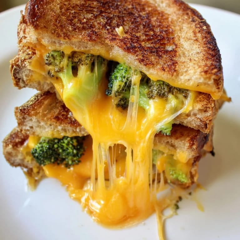 A warm Roasted Broccoli & Cheddar Grilled Cheese cut in half, revealing layers of melted cheese and tender broccoli.  