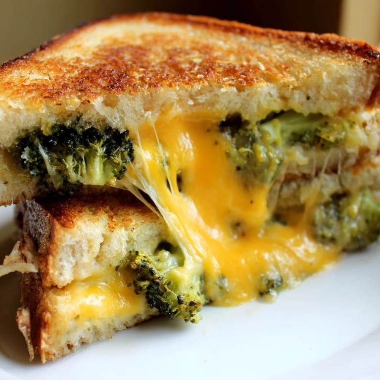 Toasted Roasted Broccoli & Cheddar Grilled Cheese served with a side of tomato soup, perfect for a cozy lunch.