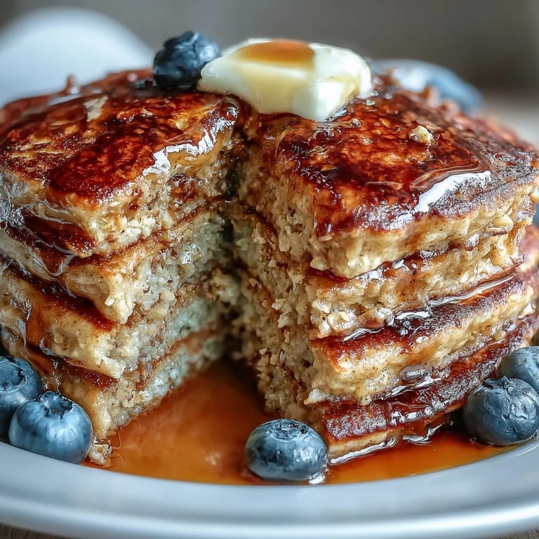 A close-up of Protein Power Pancakes served with Greek yogurt, showcasing a moist, fluffy interior.