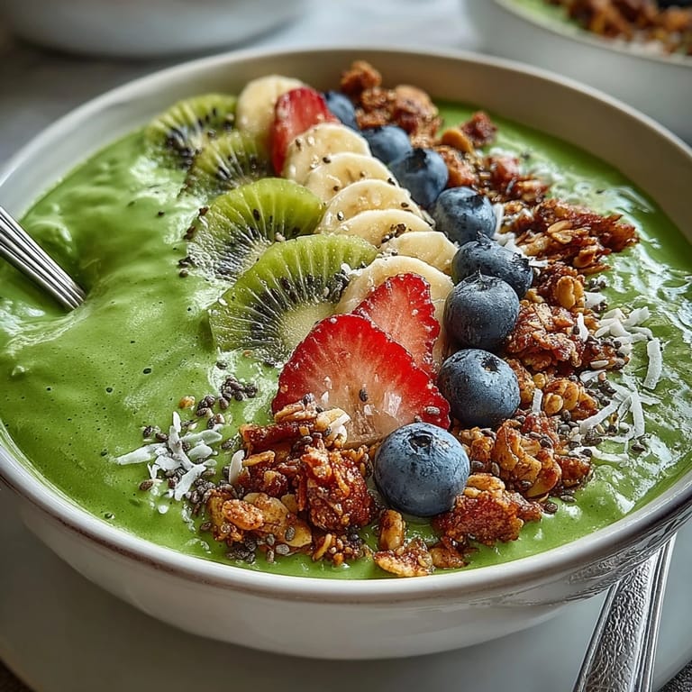 A close-up of a Green Smoothie Bowl garnished with chia seeds, shredded coconut, and sliced strawberries, served in a white bowl.