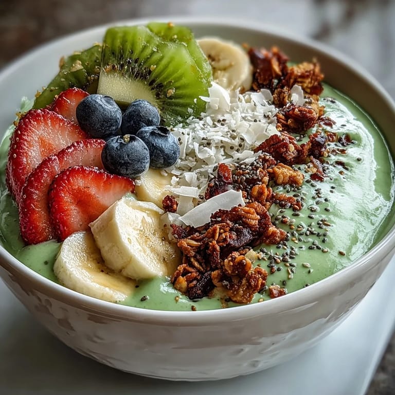 Thick and creamy spinach smoothie base topped with mixed fresh fruit and gluten-free granola, perfect for a refreshing vegetarian snack.