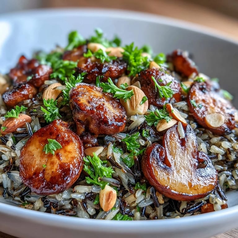 Hearty Wild Rice and Mushroom Pilaf plated with a sprig of thyme, ready to accompany a roasted chicken dinner.