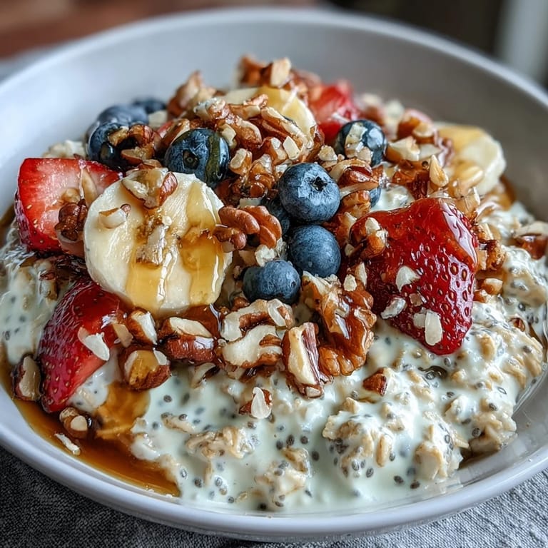 A jar of overnight oats with chia seeds, topped with chopped almonds and a drizzle of peanut butter.  