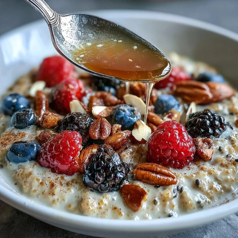 Warm millet porridge with mixed berries, cinnamon, and nuts, served in a rustic ceramic bowl.  