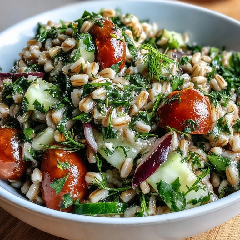 Serving suggestion for Barley and Herb Salad in a white ceramic bowl, garnished with halved cherry tomatoes, diced cucumber, and a sprinkle of feta cheese.