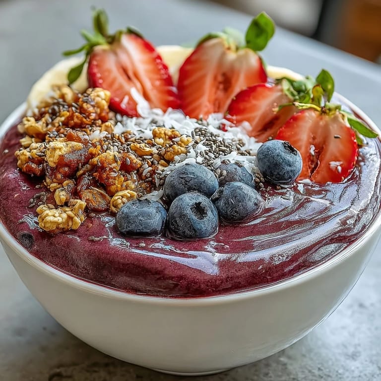 A refreshing, nutrient-packed Acai Berry Smoothie Bowl ready to enjoy, featuring a thick frozen texture and bright tropical fruit toppings.