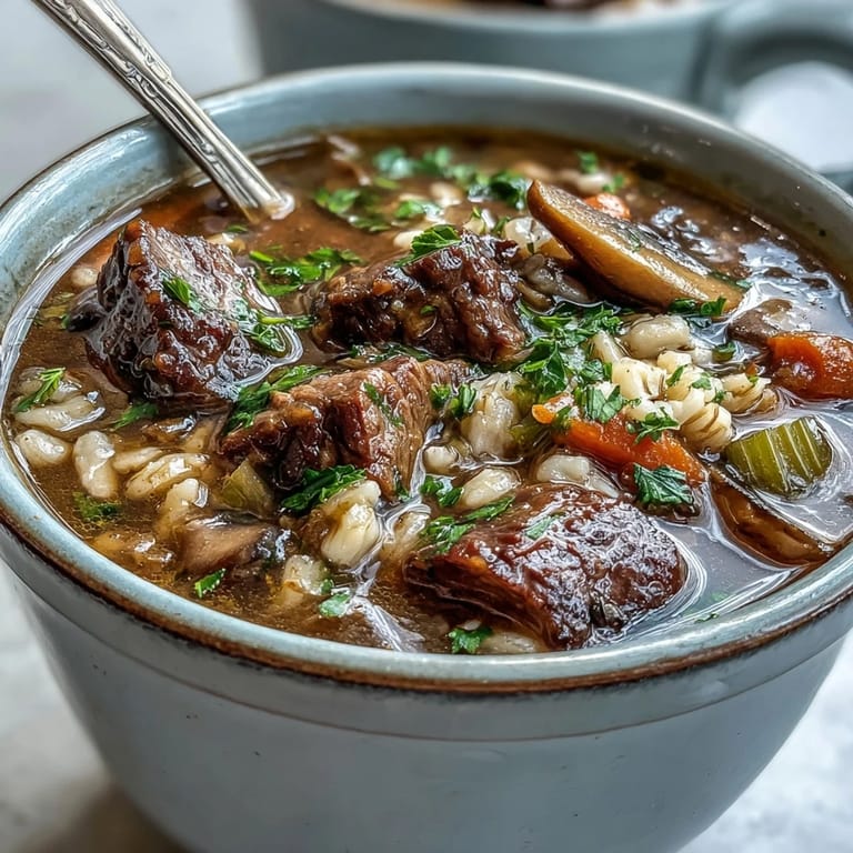 Steam rises from a bowl of Vegetable Beef, Barley, and Mushroom Soup, featuring tender beef chunks and sliced carrots.