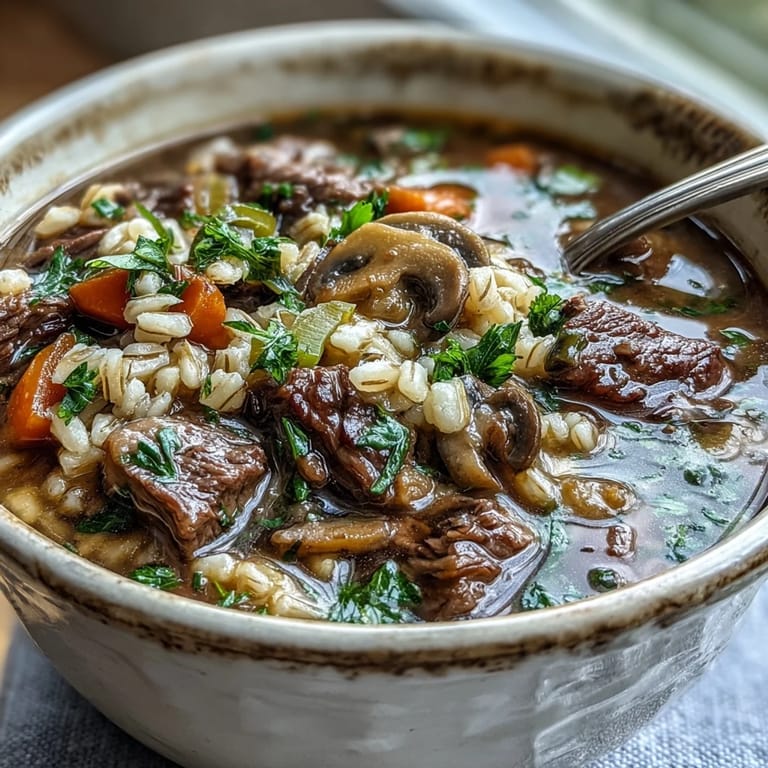 A ladle of hot Vegetable Beef, Barley, and Mushroom Soup is served over a piece of crusty bread.
