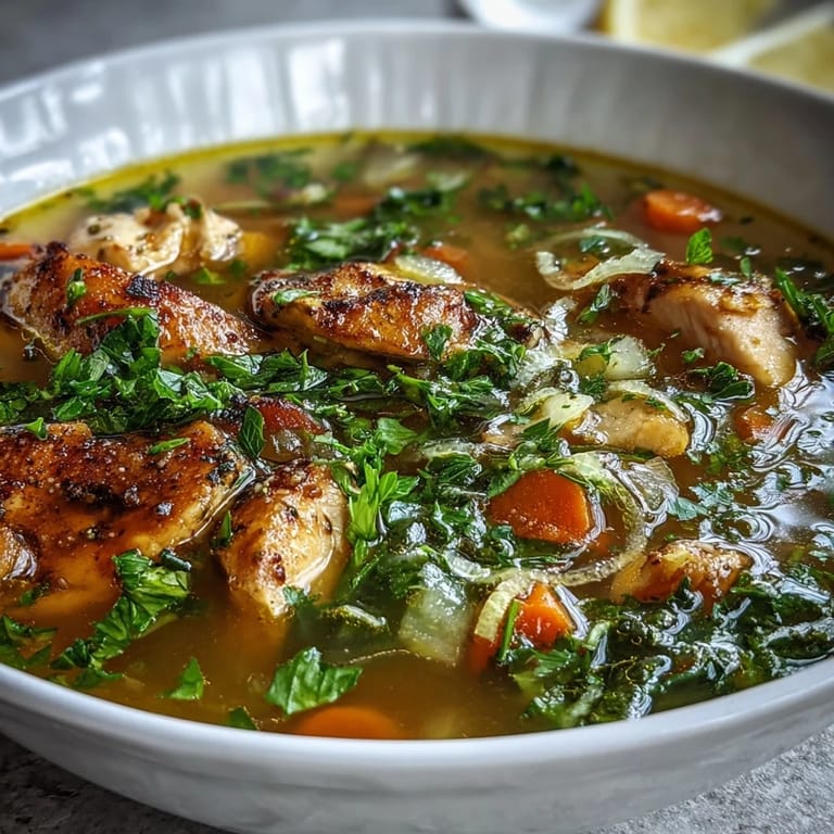 Close-up of High Protein Lemon and Turmeric Chicken Soup highlighting bright turmeric color, soft vegetables, and fresh baby kale leaves in a rustic ceramic bowl.