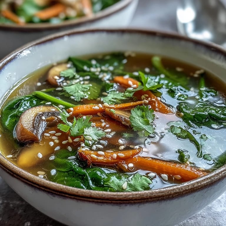 Vibrant Miso Ginger Winter Soup with shiitake mushrooms, carrots, and fresh spinach in clear broth.