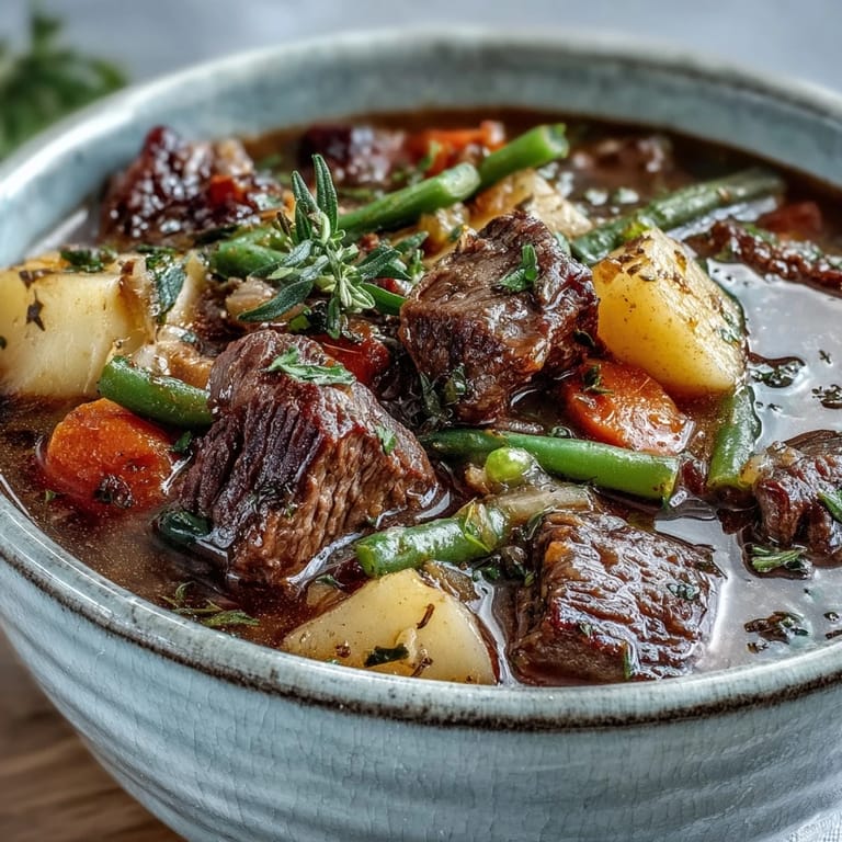 Warm bowl of Beef and Vegetable Soup served with crusty bread, filled with savory beef, tomatoes, and sweet peas.