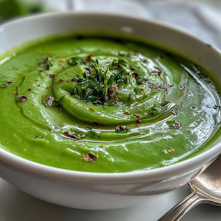 Green Courgette, Pea and Pesto Soup swirled with pesto, served beside crunchy artisan bread.