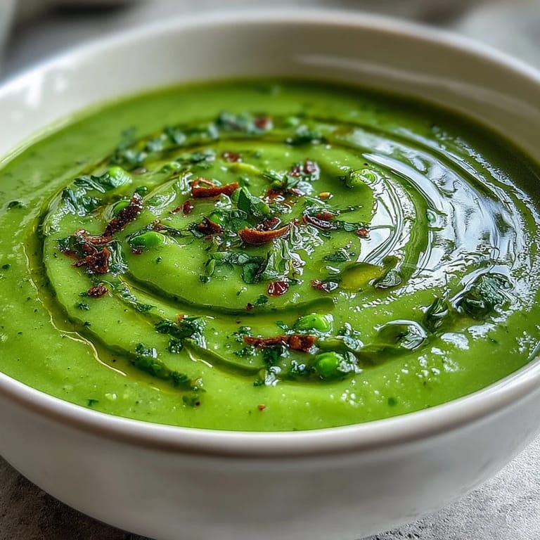 Steaming bowl of Courgette, Pea and Pesto Soup topped with fresh herbs and olive oil.