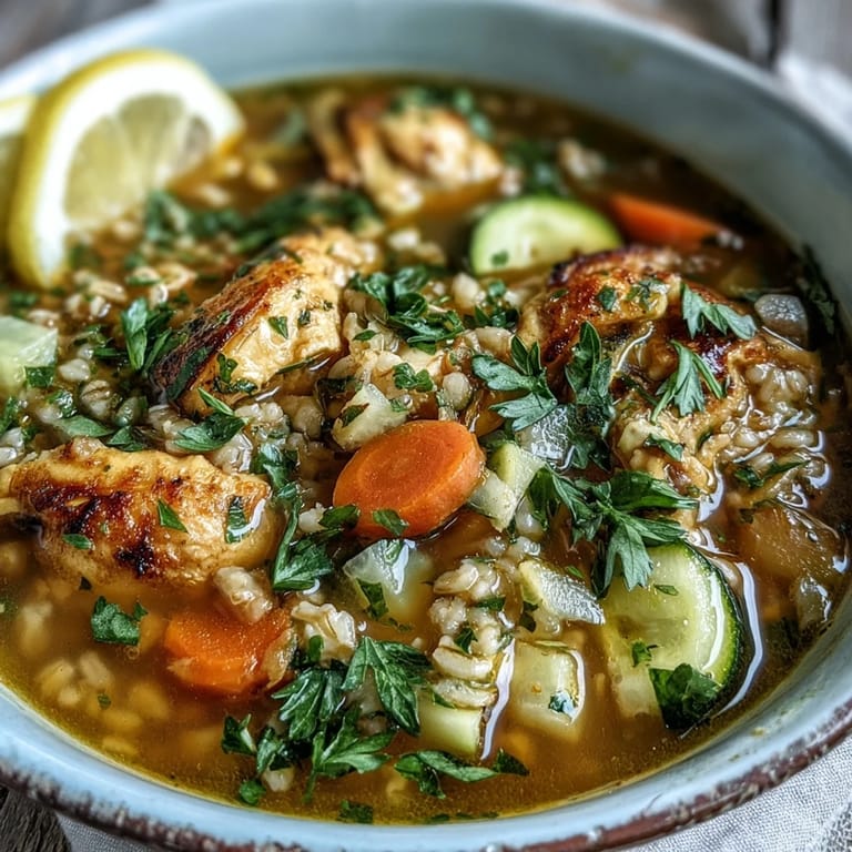 Close-up of tender diced chicken, carrots, and celery in the golden turmeric broth with pearl barley.  