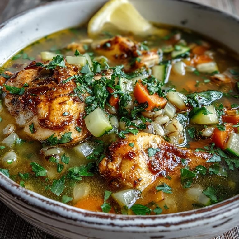 Soothing Turmeric Chicken With Pearl Barley served steaming hot, with a lemon wedge and parsley garnish.