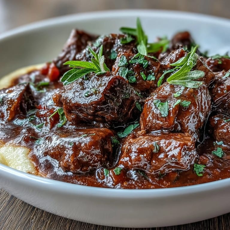 A rich venison stew with sloe gin steams beside a wedge of soft polenta and herbs.