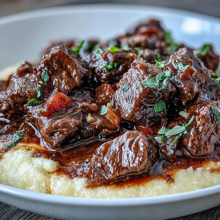Golden polenta cradles deep-hued venison stew with sloe gin, garnished with thyme on a cozy plate.