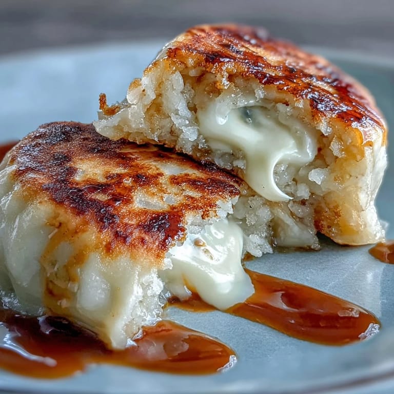 A skillet of sticky Chīzu Imomochi drizzled in savory glaze, garnished with fresh scallions for a classic Japanese appetizer presentation.
