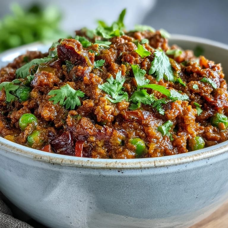 Hearty Venison Keema Curry topped with vibrant green peas and cilantro, ready for a cozy dinner.