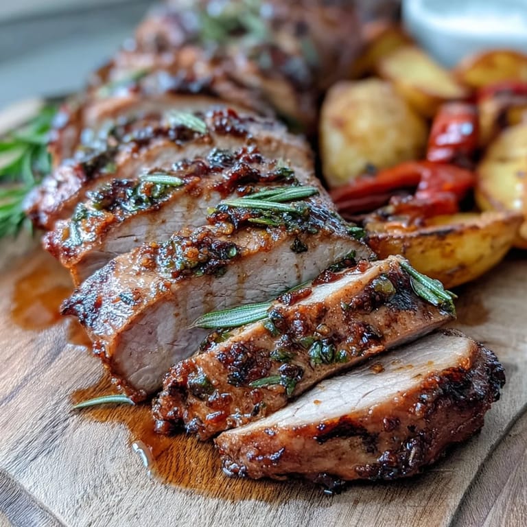 Overhead view of Ibérico pork fillet with crispy roast potatoes and roasted red peppers, finished with fresh thyme and lemon wedges.