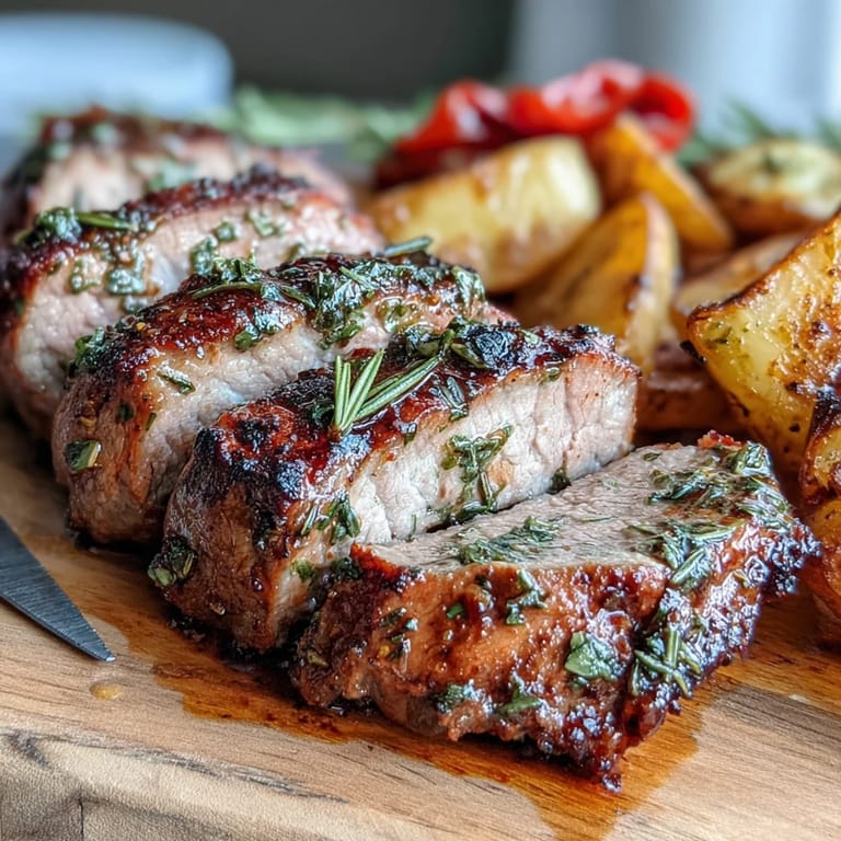 A skillet seared Ibérico pork fillet sits next to roasted potatoes and red peppers, garnished with fresh rosemary and lemon zest.