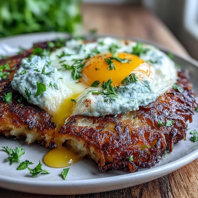 A close-up of vegetarian celeriac rösti with vibrant harissa yogurt sauce and a runny yolk fried egg. 