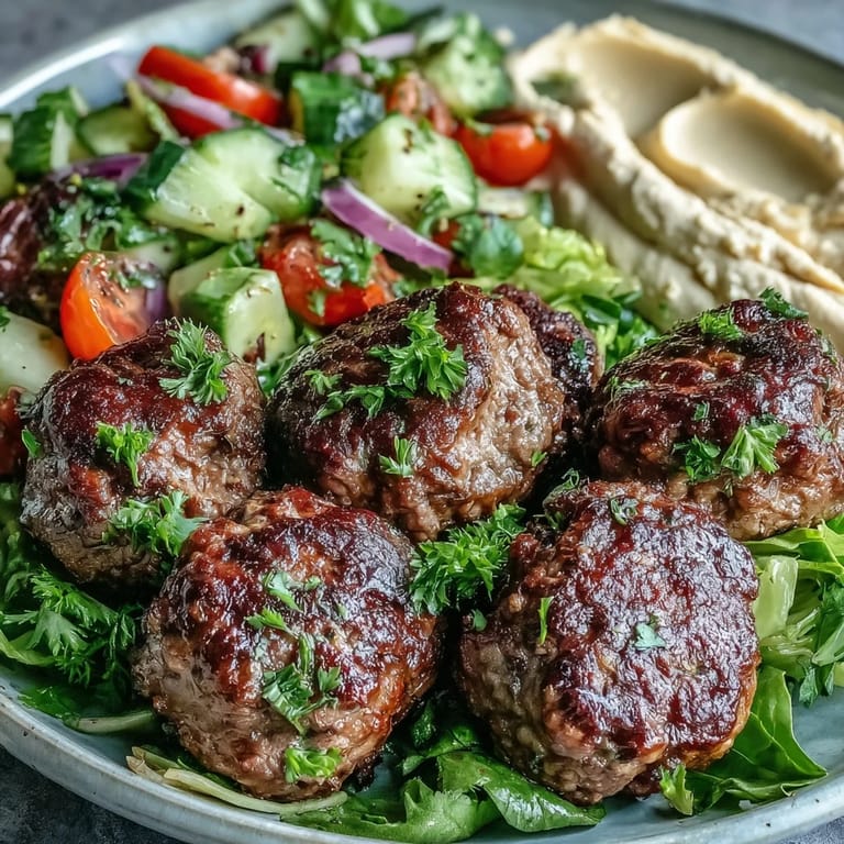 Hearty venison meatballs with spiced salad and hummus, perfect for a Mediterranean dinner.