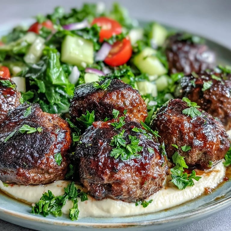 Crisp salad and creamy hummus accompany seasoned venison meatballs on a white plate.