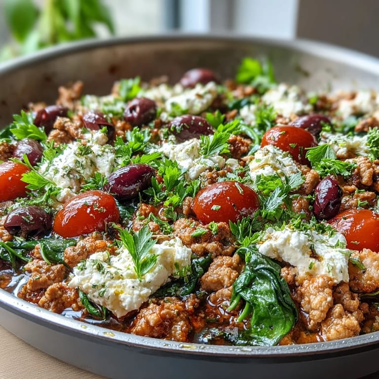 Sizzling Mediterranean Keto Ground Chicken Skillet mixed with wilted spinach and herbs, garnished with fresh parsley.