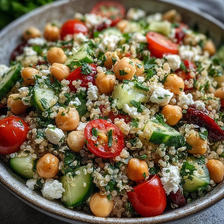 Bright Mediterranean High Protein Quinoa & Chickpea Salad with chickpeas and vegetables, served ready to enjoy for a healthy, protein-packed lunch.
