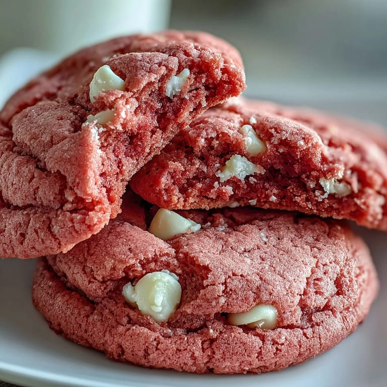 Vibrant pink cookie dough balls on a baking sheet ready for the oven.