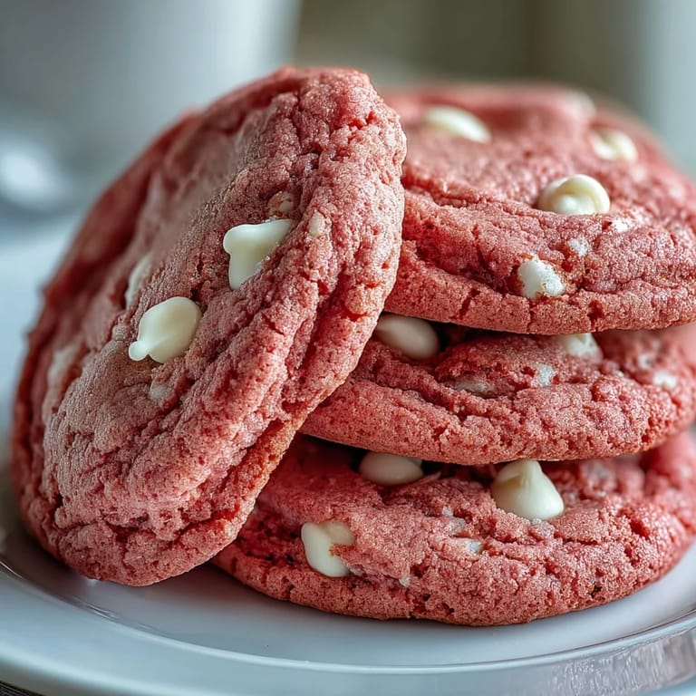 A soft batch of Pink Velvet Cookies stacked on a white plate near a glass of milk. 