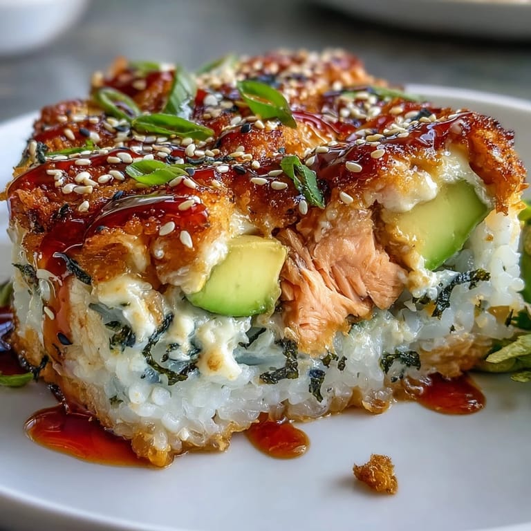 Deconstructed Spicy Salmon Sushi Bake served in a casserole dish with creamy avocado slices on the side.