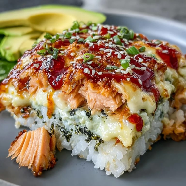 Layered Spicy Salmon Sushi Bake featuring seasoned rice and spicy salmon, garnished with green onions and sesame seeds.