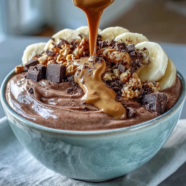 A creamy blend of cocoa, peanut butter, and frozen banana in this Chocolate Peanut Butter Smoothie Bowl, with Greek yogurt and ice for thick, rich texture.