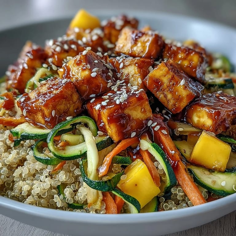 Golden-baked tofu cubes and fresh zucchini noodles sit on fluffy quinoa in an Easy Teriyaki Quinoa Bowl.