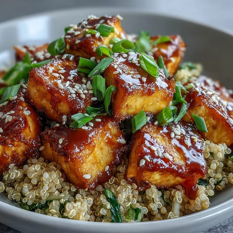Close-up of a nutritious Quinoa Vegetable Teriyaki Bowl, featuring golden tofu, snap peas, and sesame seeds on a bed of fluffy, steaming quinoa.