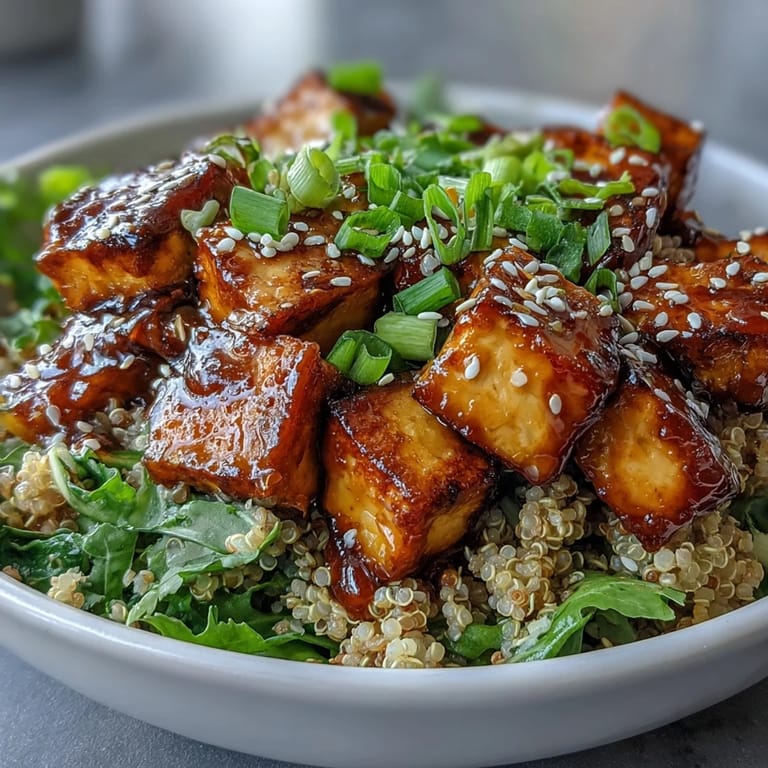 Serving suggestion for a vegan Quinoa Vegetable Teriyaki Bowl, drizzled with savory sauce and garnished with green onions alongside steamed rice.