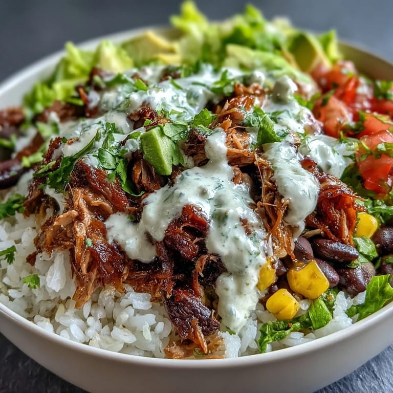 A vibrant Carnitas Burrito Bowl featuring black beans, sweet corn, crisp lettuce, and fresh tomato salsa with a lime wedge.