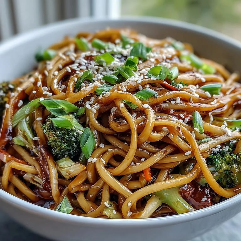 A close-up of Asian Teriyaki Noodle Bowl topped with sesame seeds.