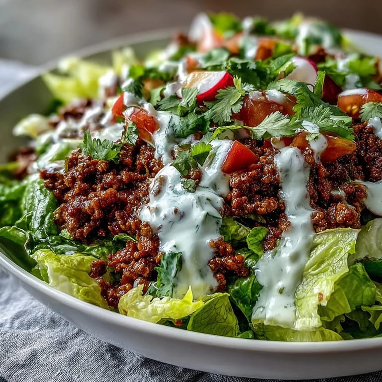 Layered Healthy Taco Bowl featuring lean ground beef, fresh veggies, and avocado slices served in a white bowl.