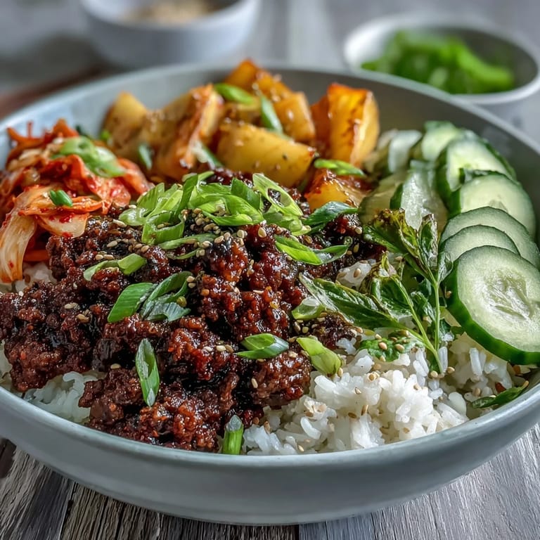 Close-up of Korean Beef Bowl featuring seasoned ground beef, vibrant pickled carrots, radish, and a drizzle of sesame oil.