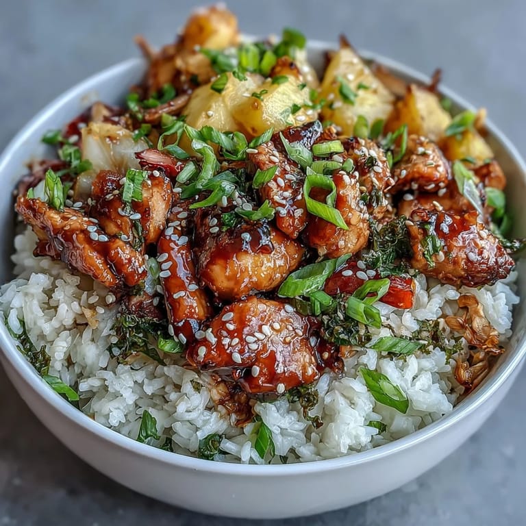 A close-up of a savory Teriyaki Chicken and Rice Bowl topped with fresh pineapple, scallions, and sesame seeds.
