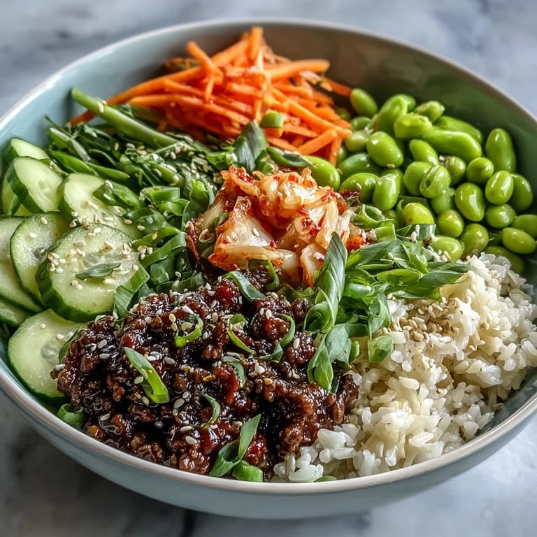 Hearty Korean-inspired rice bowl with gochujang-glazed beef, crisp vegetables, and a sprinkle of sesame seeds for added texture.