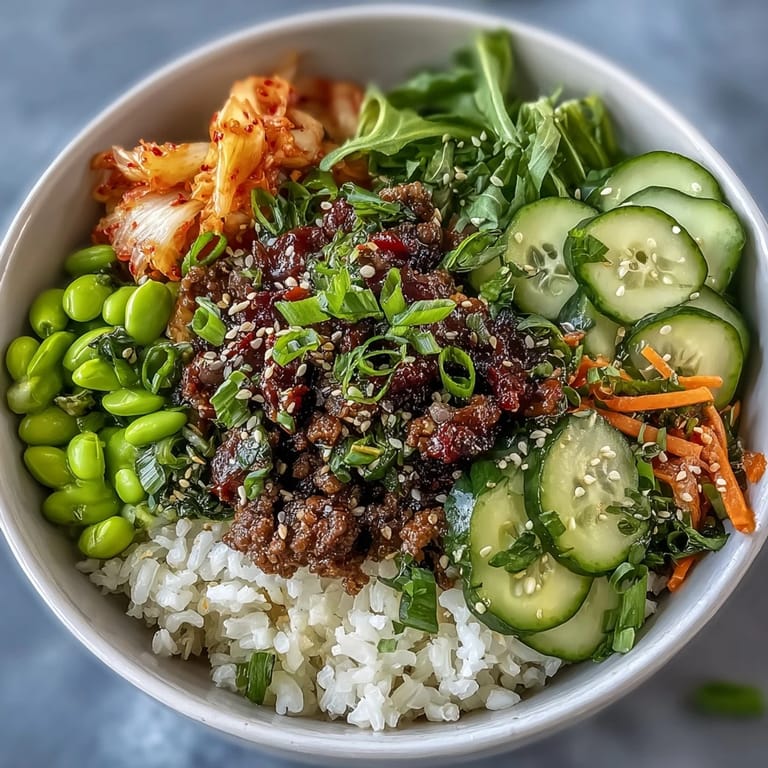 Savory Korean beef bowl featuring tender ground beef, fresh cucumber, carrot, and kimchi for a balanced and colorful meal.  