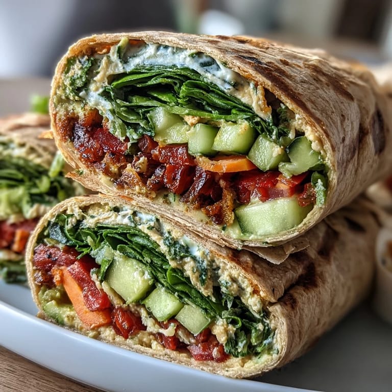 Layers of fresh bell peppers, carrots, cucumber, and cabbage create a rainbow veggie wrap, ideal for a nutritious, vegetarian packed lunch.