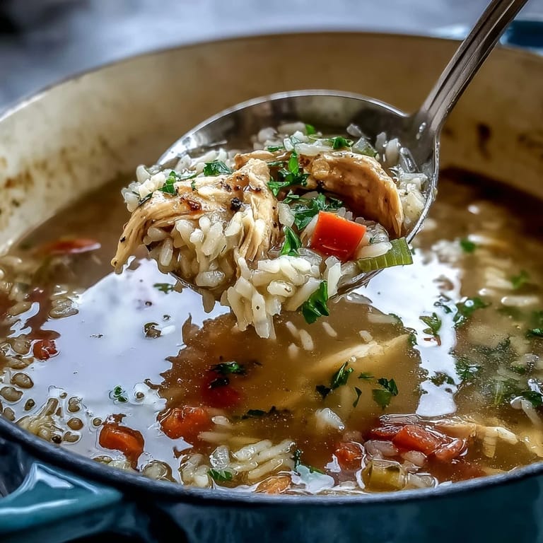 A hearty one-pot chicken and rice soup with juicy chicken pieces, aromatic vegetables, and savory broth, served with lemon wedges on the side.